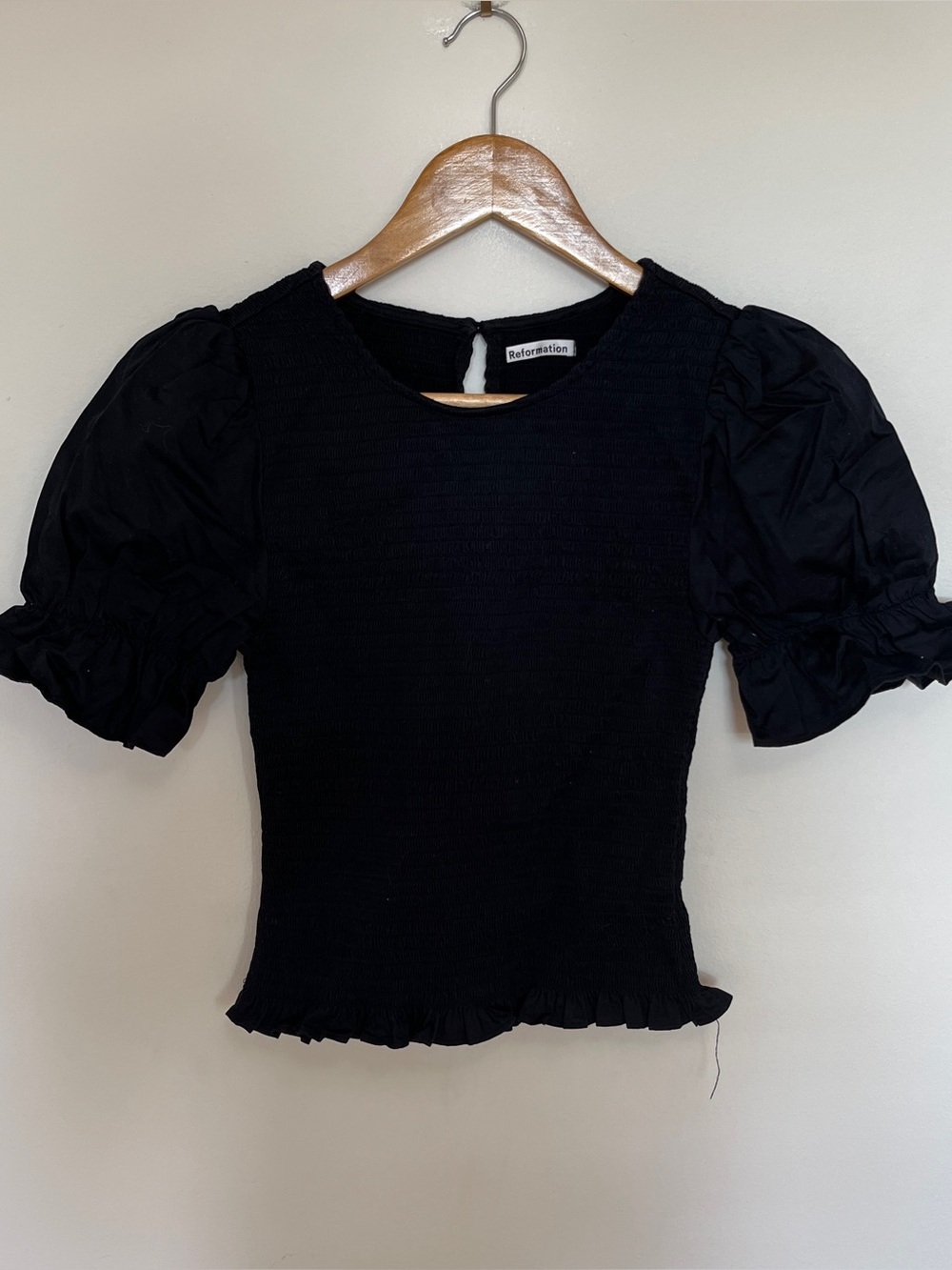 Reformation Black Smocked Puff Sleeve Blouse Size XS